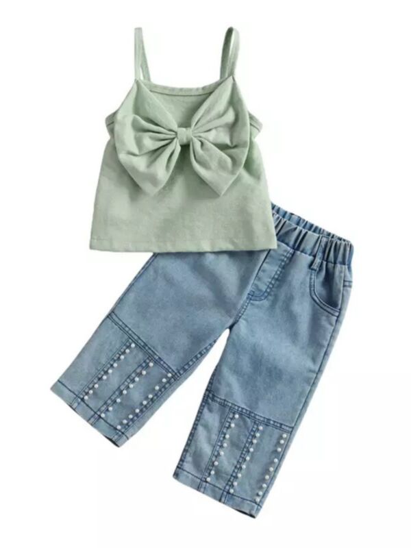 Two Pieces Little Girl Bow Camisole And Beaded Decor Jeans Set