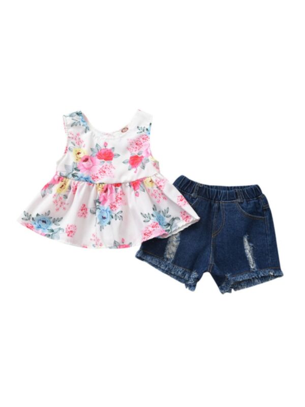 Two Pieces Toddler Kid Girl Floral Tank Tunic Top With Distressed Denim Shorts Set
