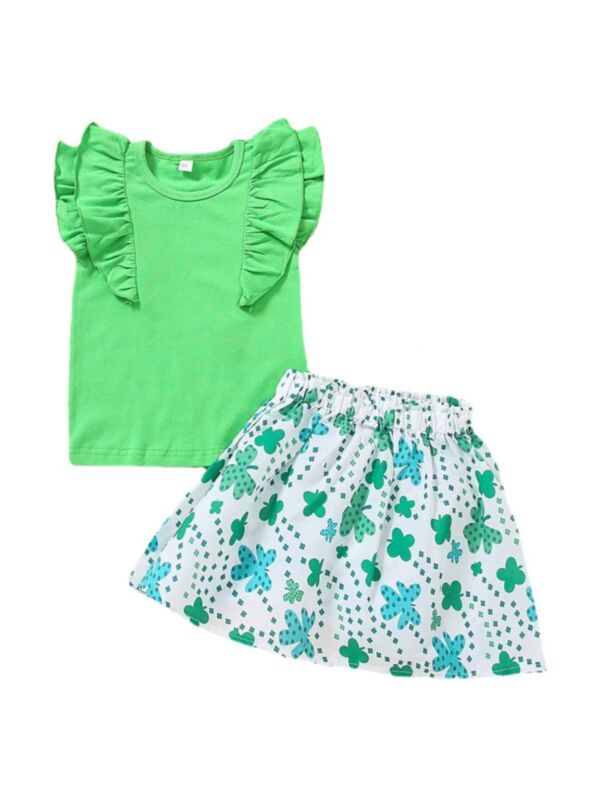 Two Pieces Little Girl St Patrick's Day Shamrock Print Set Top Matching Skirt