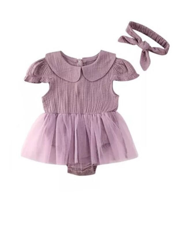 2 Pieces Baby Girl Muslin Mesh Solid Color Romper Dress With Headband