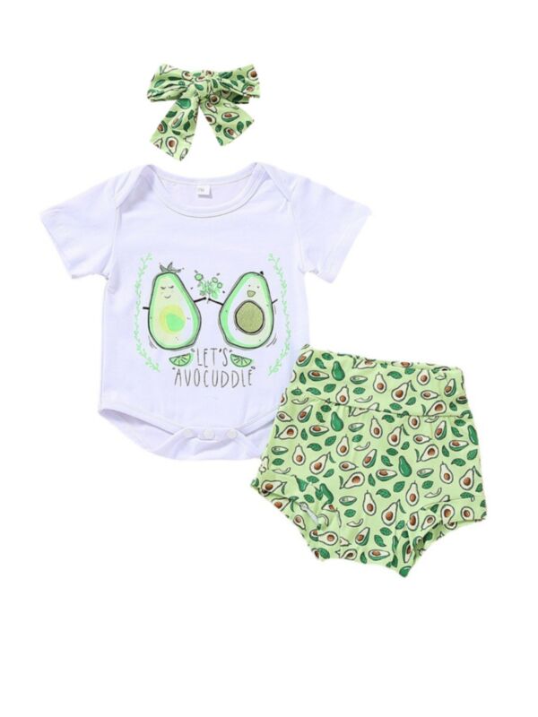3-Piece Baby Girl Avocado Pattern Set Let's Avocuddle Bodysuit & Shorts & Headband