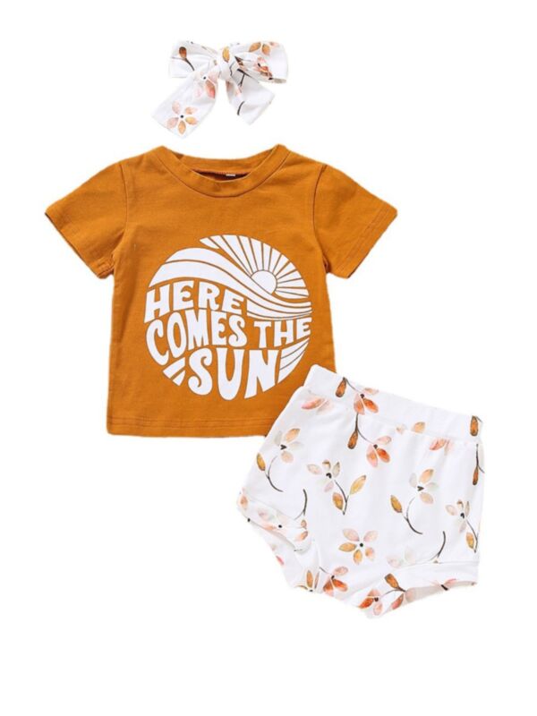 3 Pieces Baby Toddler Girl Here Comes The Sun Set Tee & Print Shorts & Headband