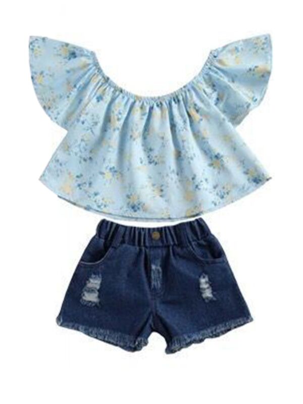 2-Piece Girl Outfits Floral Print Off Shoulder Top & Tassel Hem Denim Shorts