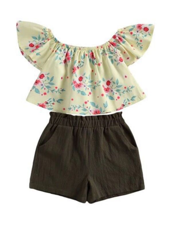 2 PCS Kid Girl Set Flower Print Off Shoulder Top Matching Shorts