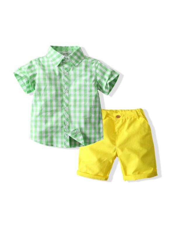 2 Pieces Kid Boy Grid Shirt Matching Yellow Shorts Set