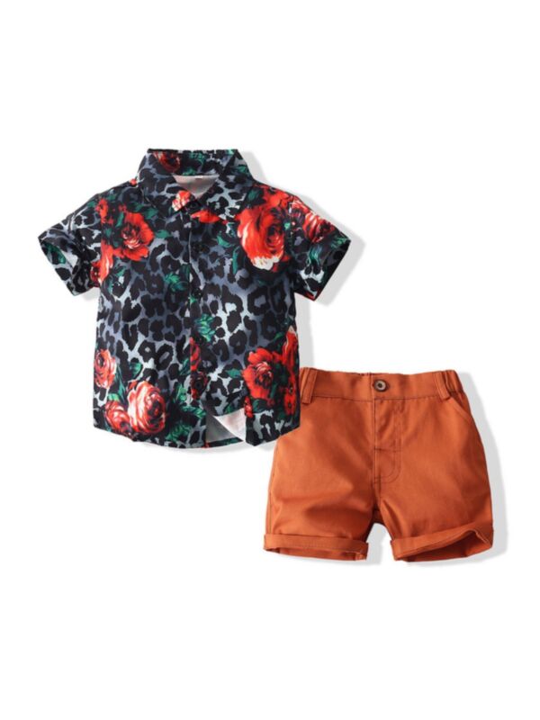 Two-Piece Kid Boy Leopard Flower Print Shirt With Shorts Set