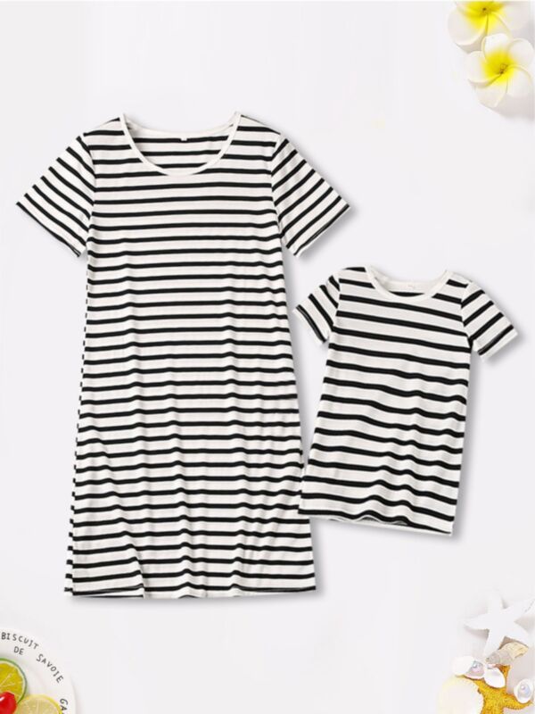 Mommy And Daugther Round Neck Stipre Tee Dress