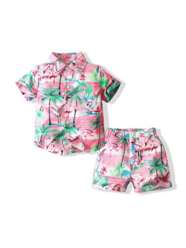 Two Pieces Kid Boy Flamingo Coconut Tree Print Shirt With Shorts Set In Pink
