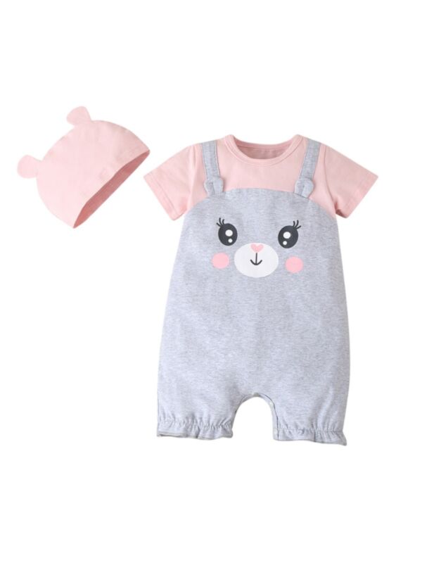 2 Pieces Infant Girl Cartoon Fake Two Piece Romper And Hat