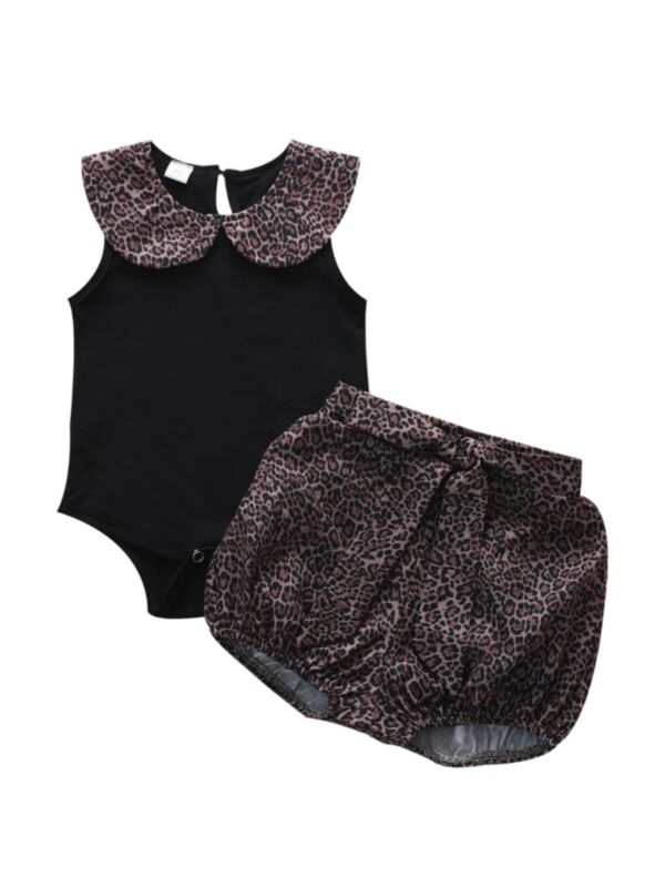 2 PCS Baby Toddler Girl Leopard Set Doll Collar Tank Bodysuit & Shorts 