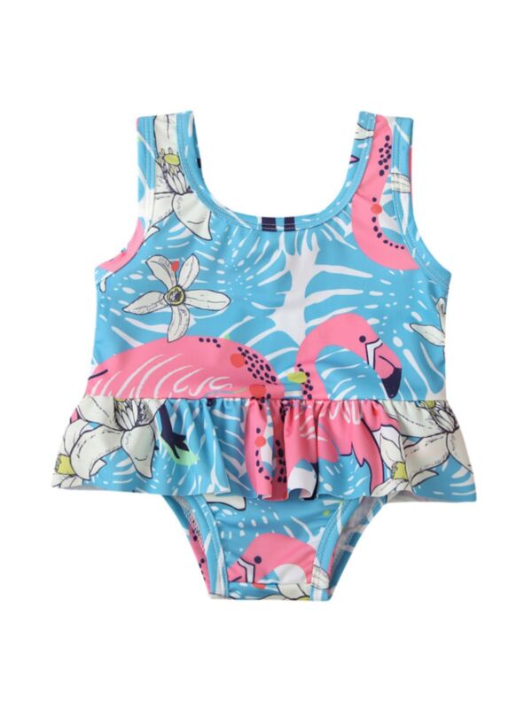 Baby Kid Girl Flamingo & Flower Print One-Piece Tank Swimsuit