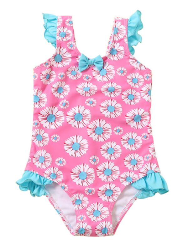 Little Girl Floral Print Ruffled Detail Bathing Suit