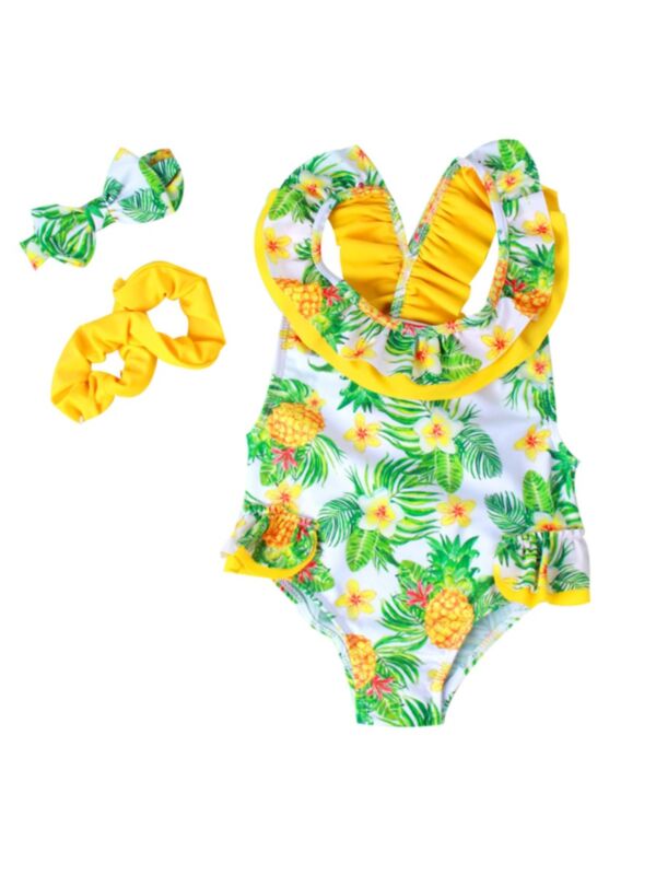 Kid Girl Floral Coconut Tree Print Ruffle One Piece Bathing Suit
