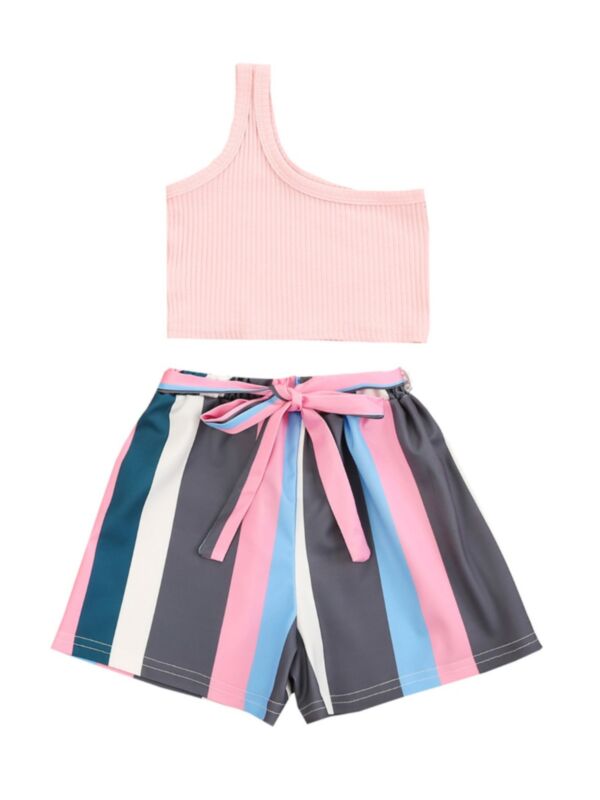2 Pieces kid Girl One Shoulder Top With Stripe Shorts Set