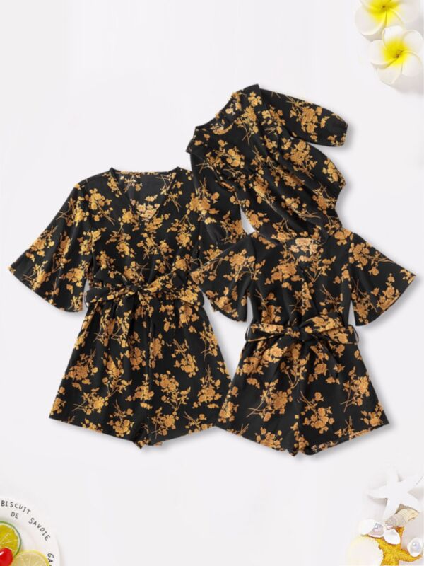 Mommy And Daughter Matching Clothes Leaves Print Romper Bodysuit
