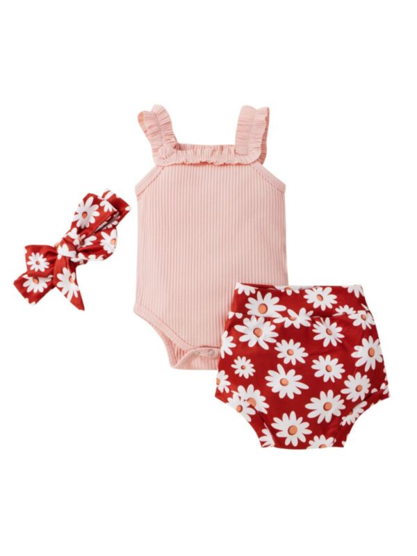 Three Pieces  Baby Girl Outfit Plain Ribbed Cami Bodysuit & Floral Shorts & Headband
