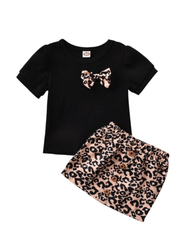 2 Pieces Baby Toddler Girl Bow Trim Ribbed Top Matching Leopard Skirt Set