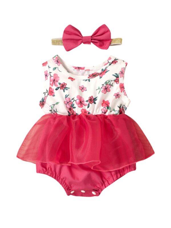 2 Pieces Baby Girl Mesh Patchwork Peplum Floral Print Tank Bodysuit
