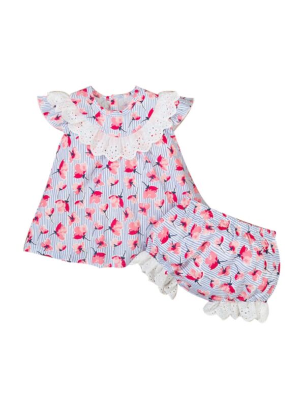Two Pieces Baby Girl Floral Stripe Set Top And Shorts