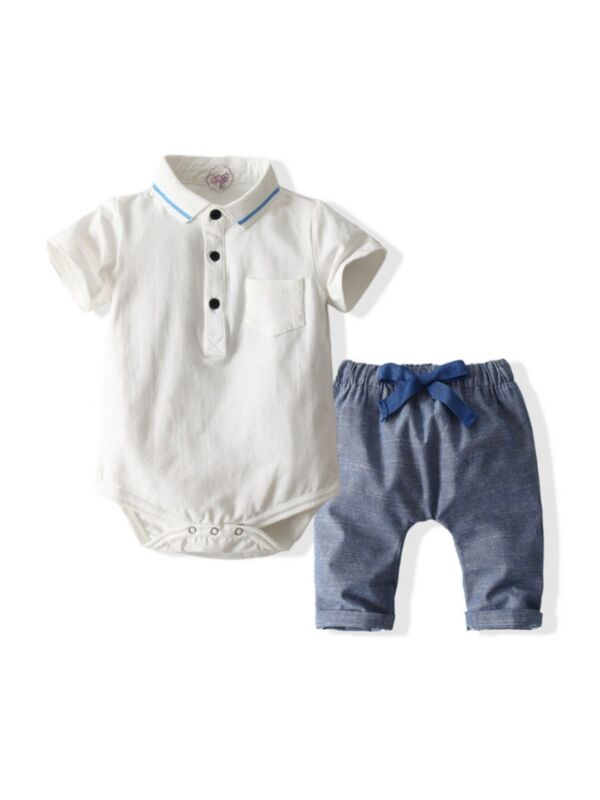 Two Pieces Kid Boy White Button Polo Bodysuit With Shorts Set