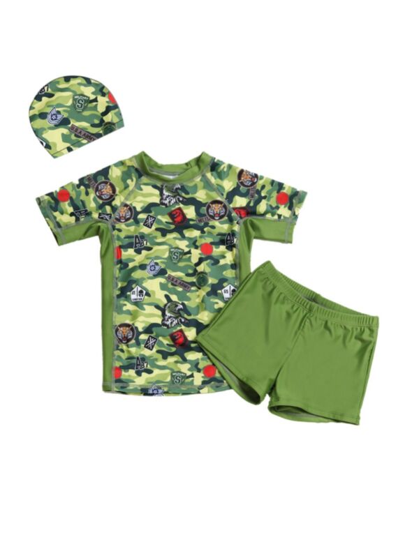 Kid Boy Camo Animal Print Beachwear Set Long Sleeve Top & Shorts & Hat