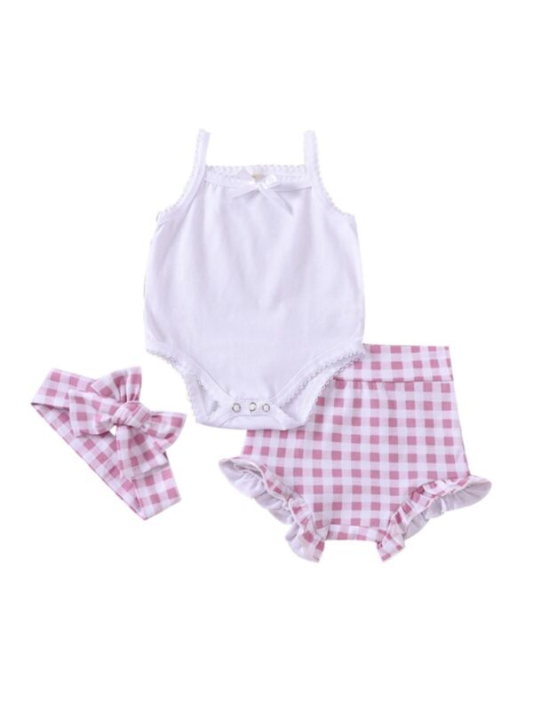 3 Pieces Baby Girl Onesie & Plaid Shorts & Headband Outfit