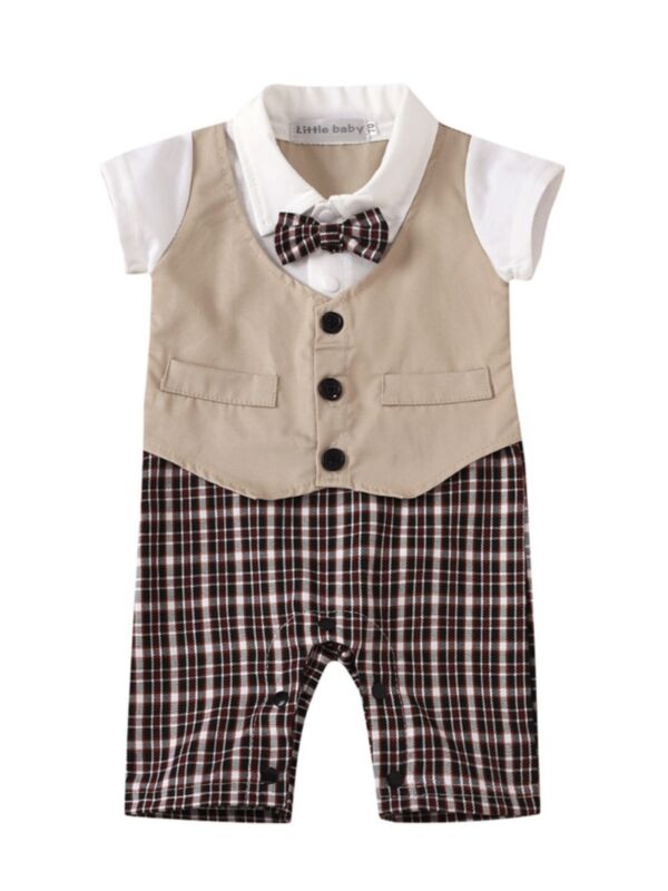 Infant Boy Fake Two Pieces Gentleman Bow Check Jumpsuit