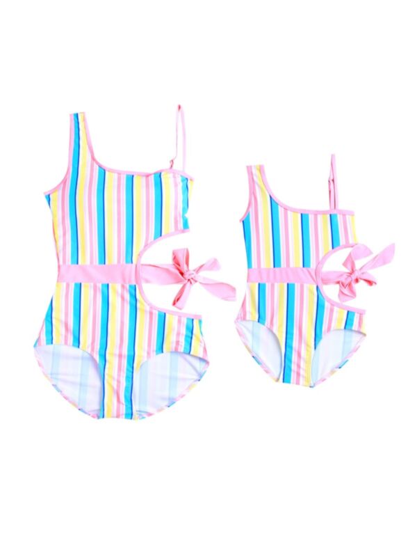 Mom And Daughter Cut-out Striped Bathing Suits