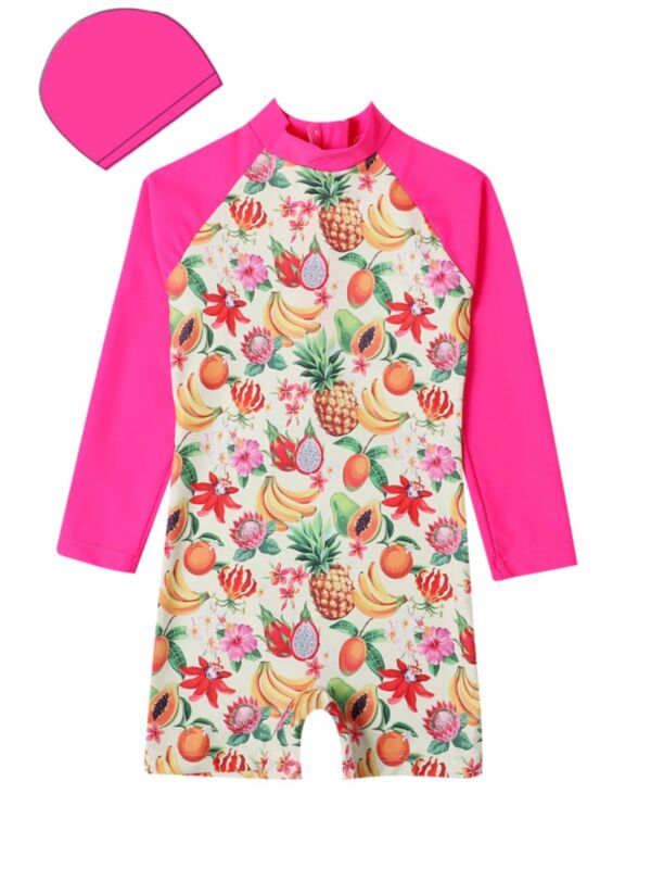 2 Pieces Little Girl Fruit Print Swimsuit With Hat