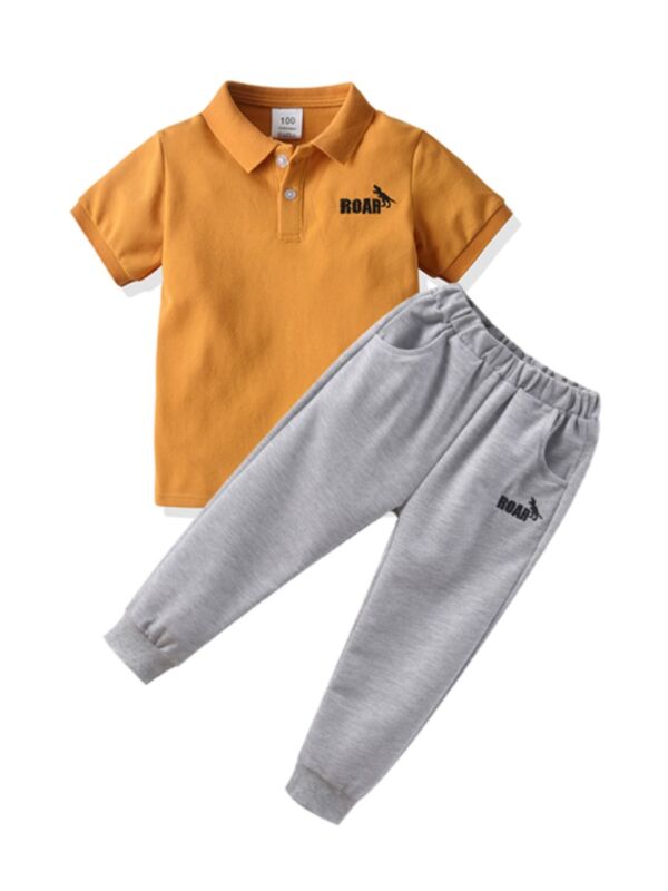 Two Pieces Boy Roar Pattern Set Polo Shirt Matching Trousers