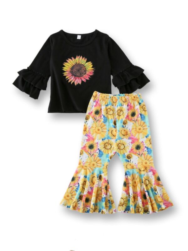 Two Pieces Kid Girl  Sunflower Printed Top With Bell Bottom Pants Set
