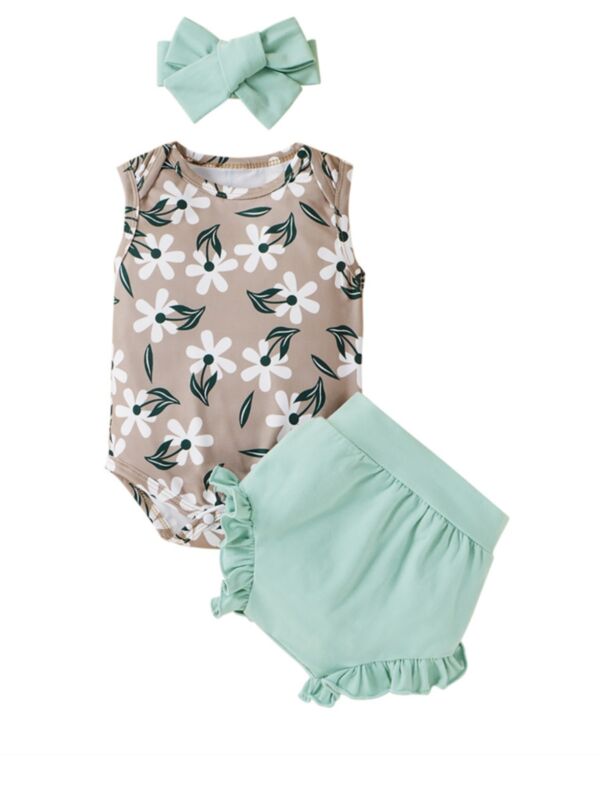 3 Pieces Infant Girl Tank Bodysuit & Shorts & Headband Floral Print Set