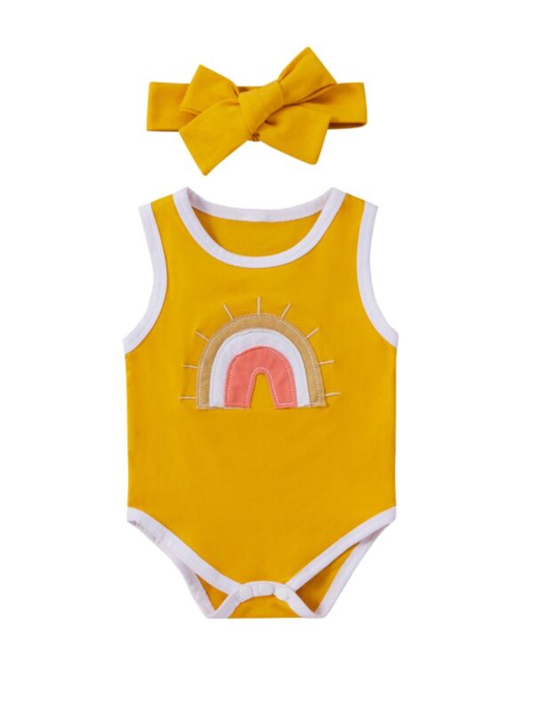 2 Pieces Infant Girl Rainbow Pattern Tank Bodysuit Matching Headband