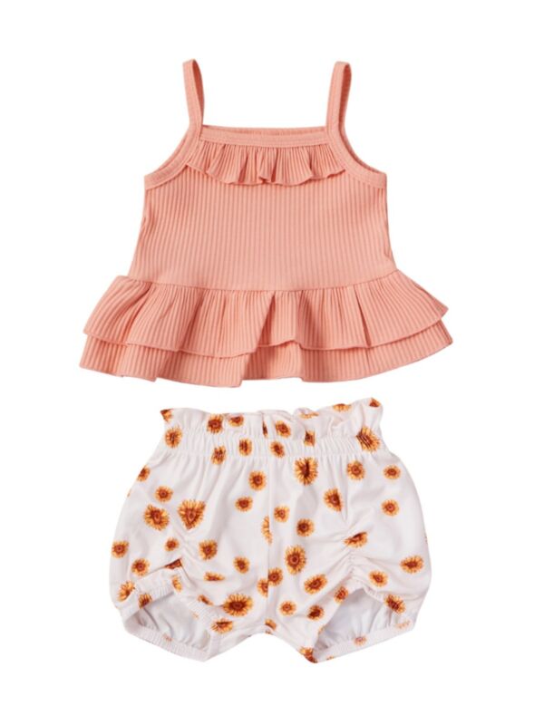 2 Pieces Baby Summer Set  Ribbed Cami Top And Flower Print Shorts 