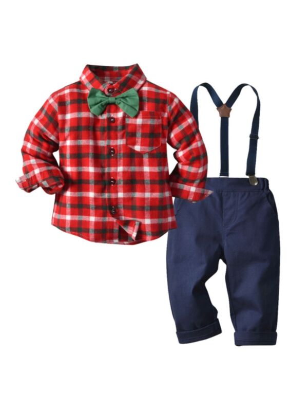 Two Pieces Little Boy Check Bowtie Shirt With Suspeneder Pants Set