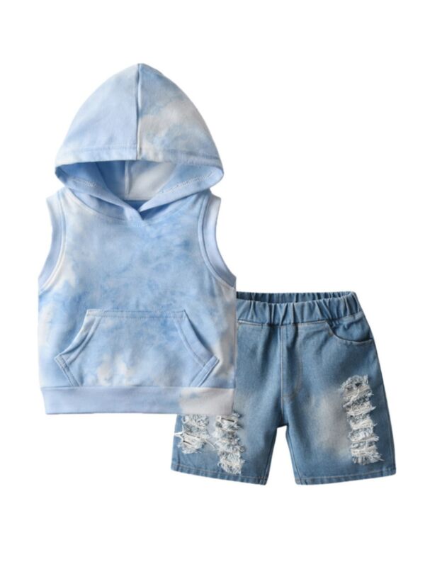 2 Pieces Kid Tie Dye Hooded Tank Top With Denim Shorts Set