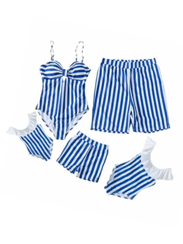 Family Matching Stripe Pattern Bathing Suit In Blue