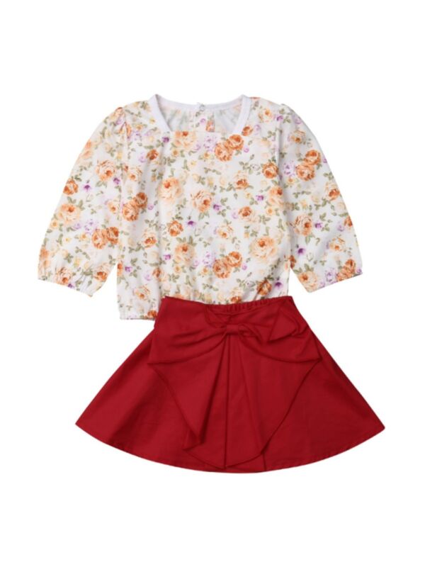 Two Pieces Little Girl Floral Top And Bow Skirt Outfit