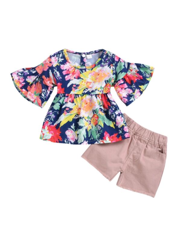 2 Pieces Girl Summer Set Flared Sleeve Floral Print Tunic Top And Shorts 