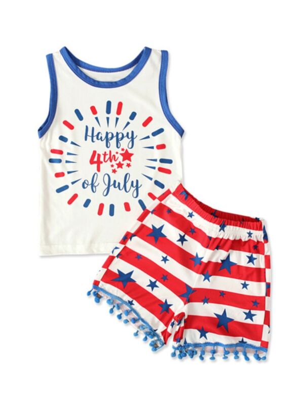 Baby Toddler Happy 4th Of July Tank Top And Pom Pom Hem Star Print Shorts Set