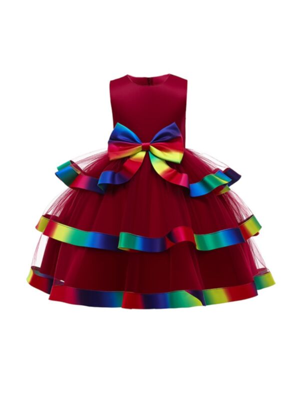 Girl Party Bow Rainbow Tiered Layered Princess Dress