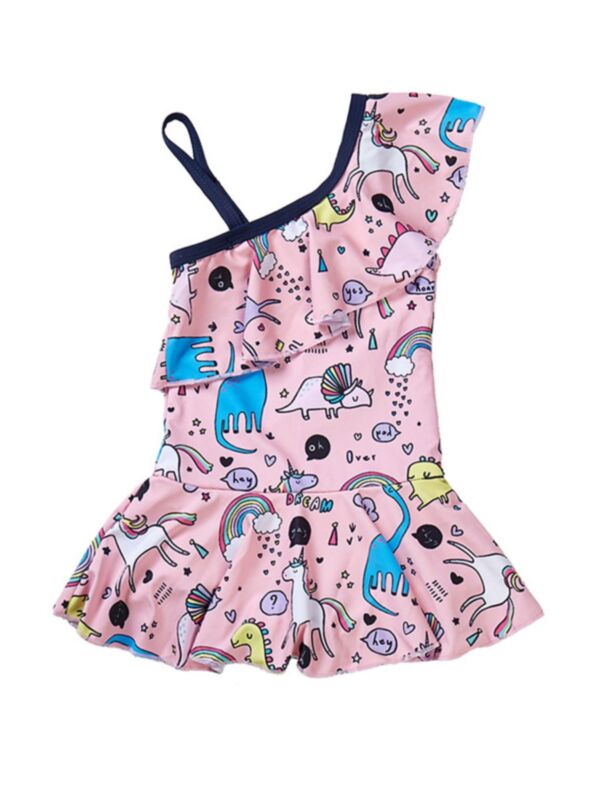 Little Girl Unicorn Print Off Shoulder Swimsuit Dress