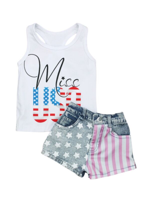 2 Pieces Little Girl Independence Day Outfit Miss USA Print Tank Top & Star Stripe Denim Shorts 