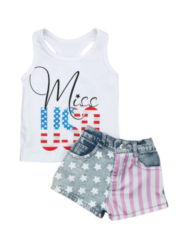 2 Pieces Little Girl Independence Day Outfit Miss USA Print Tank Top & Star Stripe Denim Shorts