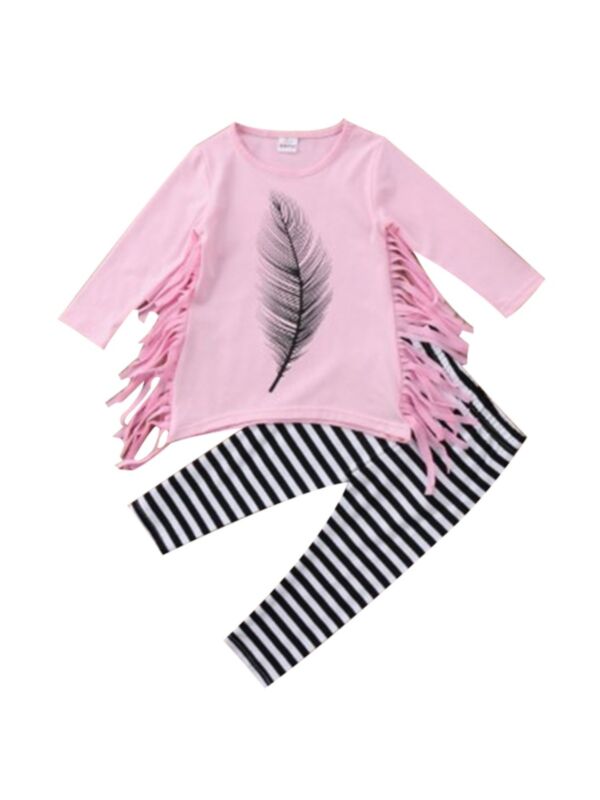 2 PCS Girl Feather Pattern Fringe Top With Stripe Trousers Set