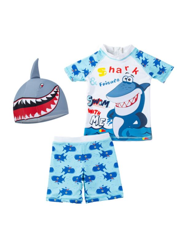Three Pieces Little Boy Sharp Print Swimsuit Set Top & Shorts & Hat