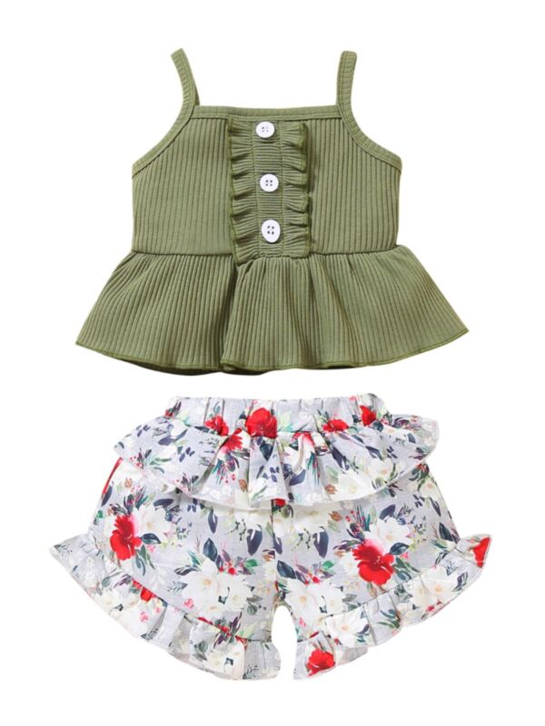 2-Piece Toddler Girl Ruffled Hem Ribbed Solid Color Cami Top With Floral Shorts Set