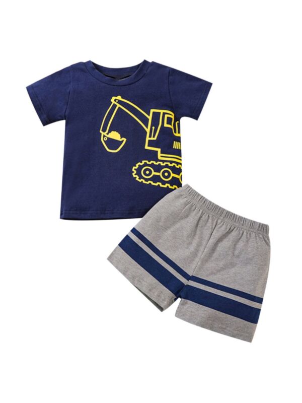 Two Pieces Baby Toddler Boy Tee & Stripe Shorts  Excavator Print Set 