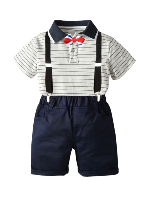 2 PCS Little Boy Stripe Bow Tie Polo Shirt Matching Suspender Shorts Outfit