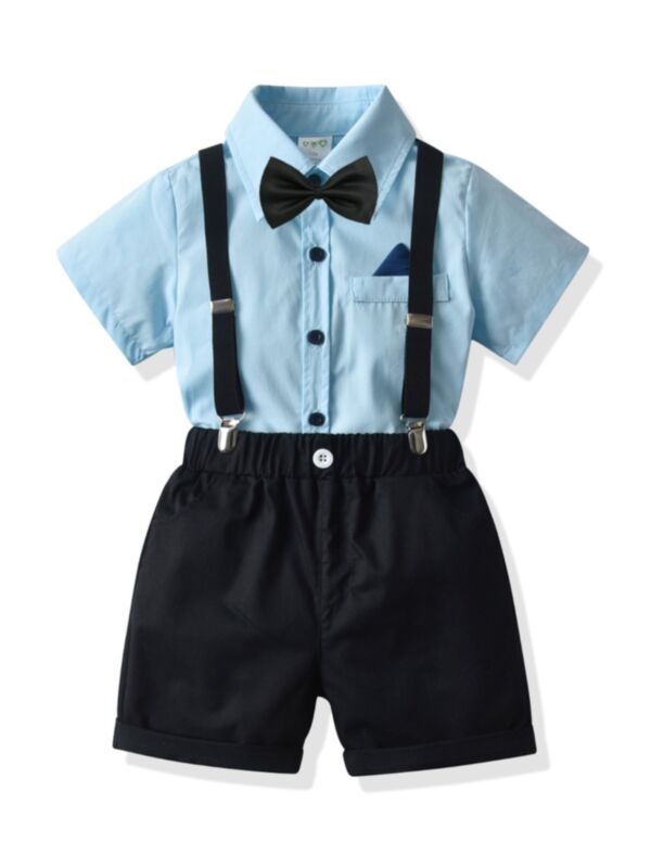 2-Piece Baby Toddler Kid Boy Bow Tie Blue Shirt & Suspender Shorts Outfit